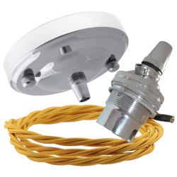 Ceiling Pendant Kit with Large Rose and B22 Lampholder in Silver Nickel Finish with Gold Flex
