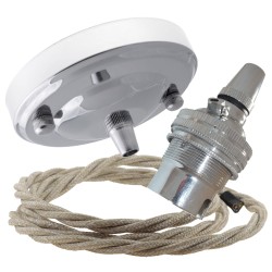 Ceiling Pendant Kit with Large Rose and B22 Lampholder in Silver Nickel Finish with Linen Effect Flex