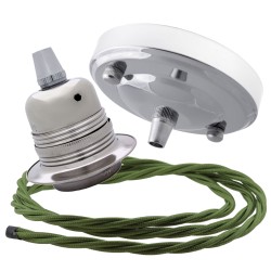 Ceiling Pendant Kit with Large Silver Rose and E27 Lampholder in Silver Nickel Finish with Green Flex