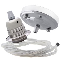 Ceiling Pendant Kit with Large Silver Rose and E27 Lampholder in Silver Nickel Finish with White Flex