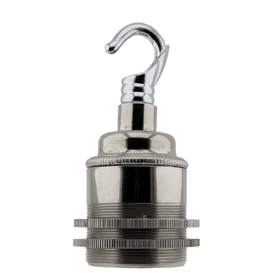 Traditional Edison Screw Lamp Holder (E27) with Shade Rings and Metal Deco Styled Hook in Chrome Finish